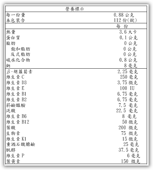 USANA健力AO綜合維生素營養錠營養標示